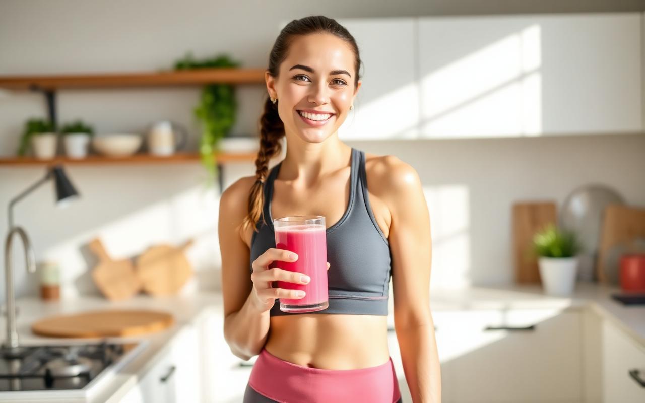 Happy woman enjoying her pink gelatin drink as part of her weight loss routine