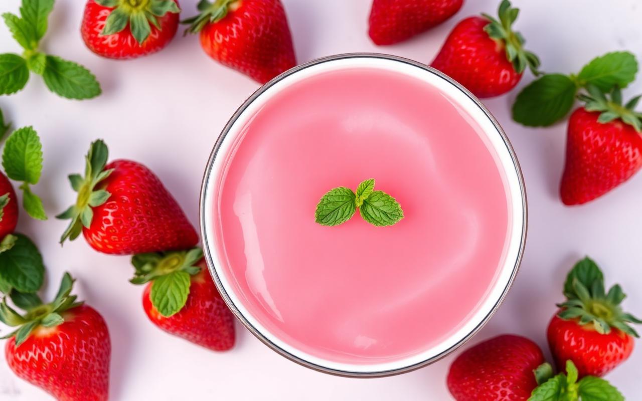 A homemade bowl of pink strawberry gelatin recipe with fresh berries